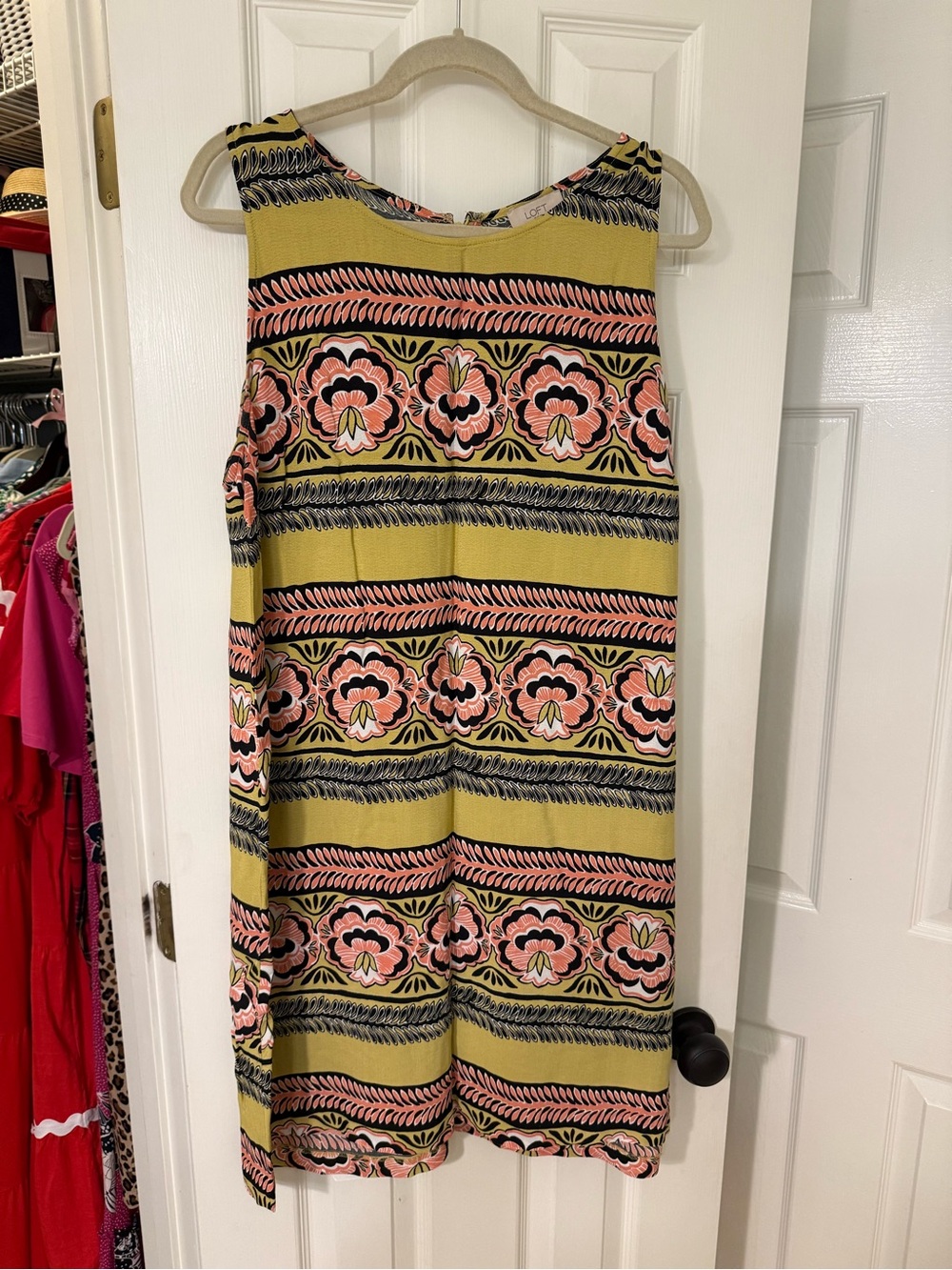 LOFT Olive, Pink and Black Floral Stripe Sleeveless Shift Dress